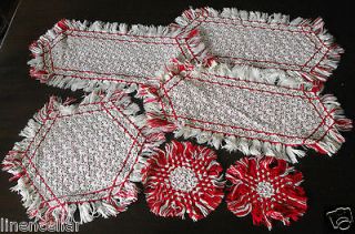 Vintage Doilies Table Runners Red White Cotton Mat Set 6 lot
