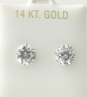   White Gold Clear Round CZ Stud Earrings Prong Set Cubic Zirconia 14 k