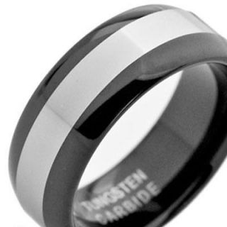 Tungsten Carbide Black w/ Silver Stripe Wedding Mens Band Ring Full 