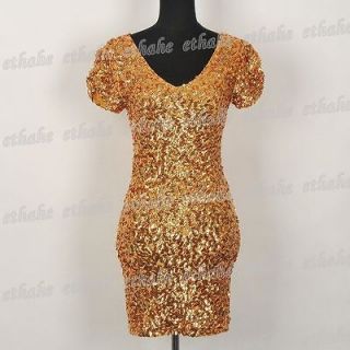 Gorgeous Prom Lycra V neck Mini Dress With Sparkling Sequins Gold S/Sz 