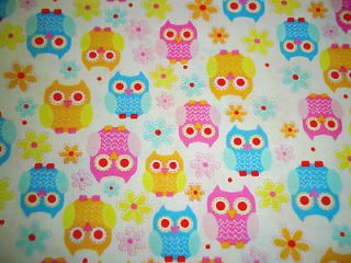 Needlecraft Fabric Playtime Bright Baby Owls on White Pink Blue Yellow 