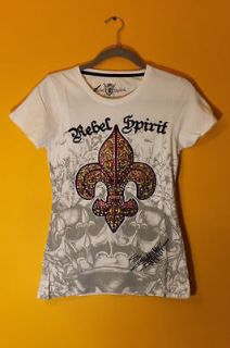 New Rebel Spirit Fleur De Lis studs white t shirt womens size M $90