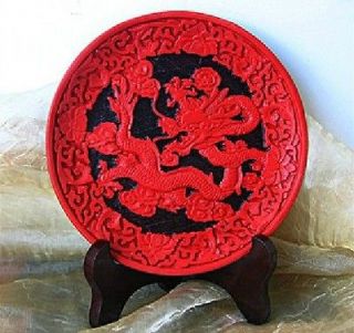   China Old Handmade Carved Red Cinnabar Lacquer plate dragon with Stand