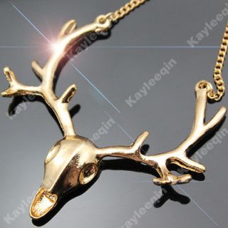Vintage Gold DEER HEAD Horn Elk Skull Antler Stag Pendant Necklace