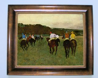 Degas Of Running Horses in Longchamp   Brown Framed Giclee Canvas M 