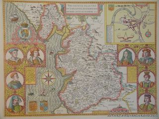 OLD COPY OF JOHN SPEED MAP OF LANCASHIRE LANCASTER TOWN PLAN 1610