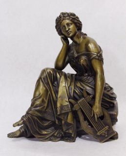 19thC Antique *Neoclassical Woman & Lyre* Victorian Bronze Sculpture 