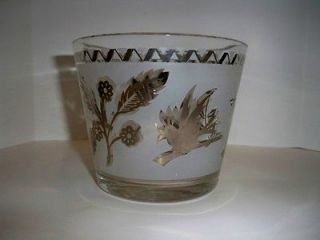 Vintage Glass Ice Bucket Frosted Glass Silver Flowers Birds VGC Retro 
