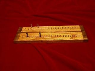   OAK & WALNUT CRIBBAGE BOARD w/METAL PEGS made in USA by disabled vet