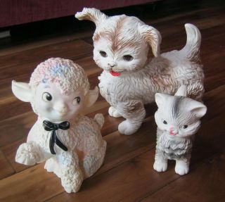 Lot Of 3 Vintage Rubber Squeak Toys Edward Mobley & Co Lamb, Puppy 