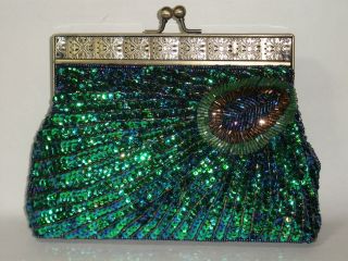 PEACOCK feathers Pattern beaded Sequin Evening BAG