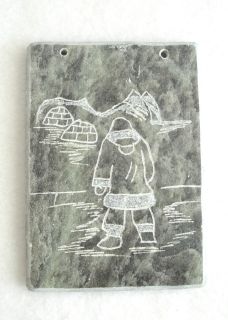 Vtg Inuit Eskimo Soapstone Tile Carving, Plaque, Signed by Artist