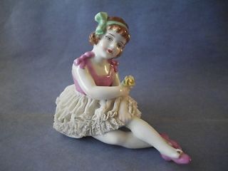 Antique MULLER VOLKSTEDT Dresden Lace Porcelain Sitting Girl Figurine 