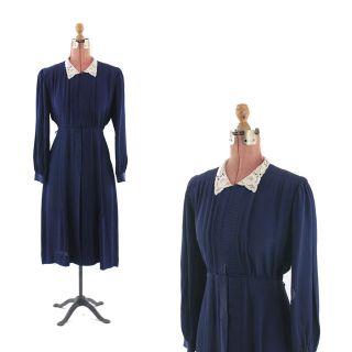   20s Navy Blue Rayon Silk Art Deco DROP WAIST Light Weight Day DRESS M