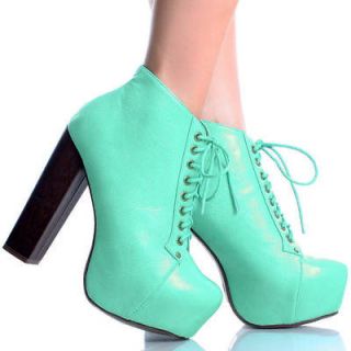 Mint Green Lace Up Faux Leather Women Chunky Heel Platform Ankle Boots 