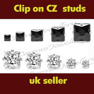   Clip On Black White Square Cubic Zirconia Stud Earrings Mens Lady