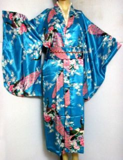 Japan Peacock Kimono Dress Robe Night Gown Blue WKD 12