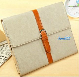 Hot Sale！Beige Leather Case Cover w/ Leather Belt+Buckle For New 