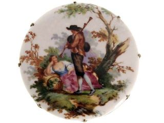 Baker Samson China Brooch Hand Painted Scenic Courting Couple 