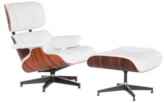 LOUNGE CHAIR AND OTTOMAN WHITE LEATHER PALISANDER EAMES INSPIRED 
