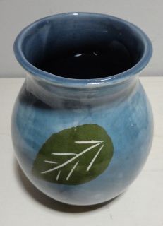 Barbara Eigen Blue Ceramic Vase USA Green Leaves 5 1/4 Pottery Exc 