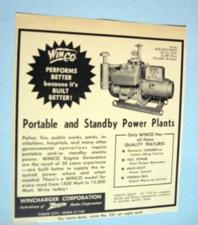 WINCO ELECTRIC GENERATOR Wincharger Sioux City 60s Ad