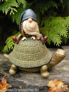 GNOME RIDING ON TURTLE FIGURINE statue acorn gnomes whimsical elf 