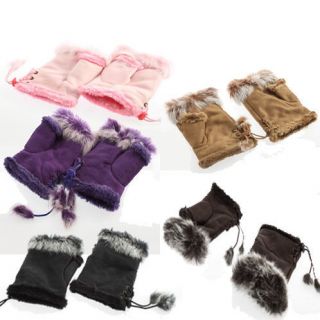 Girls Women Rabbit Fur Hand Wrist Warmer Winter Fingerless Gloves 