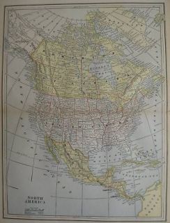 1890 Antique MAP of NORTH AMERICA Beautiful COLOR 11x15