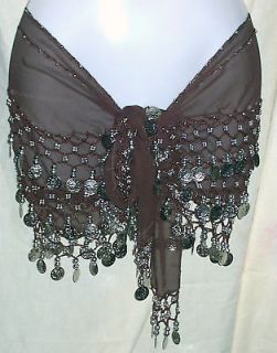 Black Belly Dance Hip Scarf w Lace Gold Beads & Coins