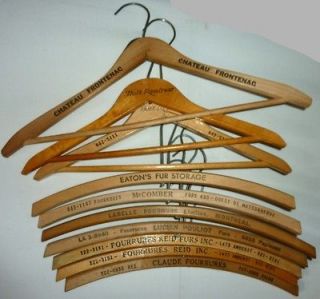   LOT OF 10 VINTAGE WOODEN ADVERTISING CLOTHES HANGERS FUR STORES, ETC