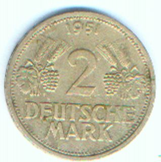 GERMANY 2 DEUTSCHE MARK 1951 G COPPER NICKEL 26.75 MM KM # 111 NICE 