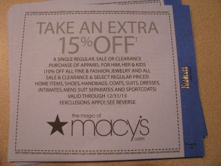 coupons MACYS extra 15% off sale CLEARANCE regular ITEM in STORE exp 