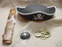 CHILDS PIRATE HAT, DOUBLOONS, EYE PATCH, TREASURE MAP