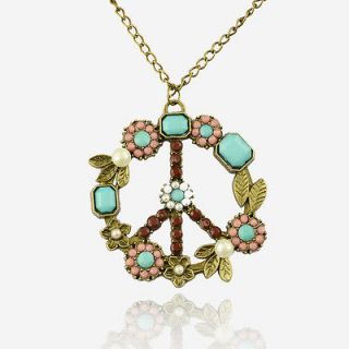 Cute Peace Symbol Vintage Copper Leaf Pearl Flower Necklace Pendant 
