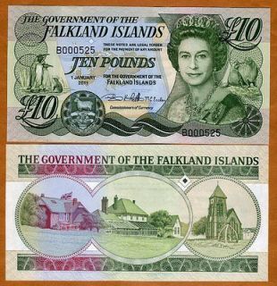 Falkland Islands, 10 pounds, 2011 (2012) P New, QEII, UNC Low S/Ns