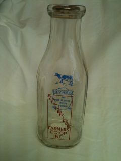 Southbridge Farmers Co op Quart Milk Bottle Mass MA Blue Cow Graphic w 