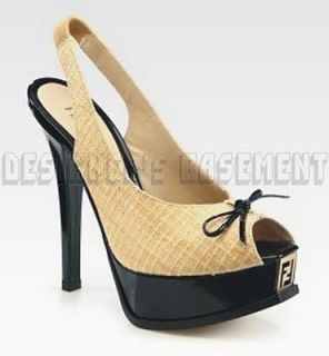 FENDI woven Straw FENDISTA gold LOGO Platform Slingback BOW shoes NIB 