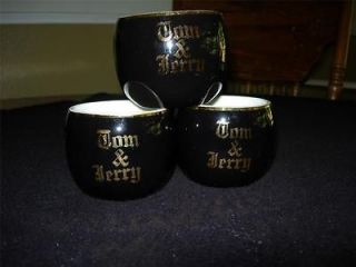 CHRISTMAS HALL CHINA BLACK AND GOLD TOM & JERRY EGGNOG PUNCH CUPS 