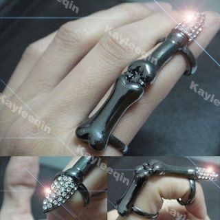 Black Full Finger Skull Joint Ring False Nail Crystal Goth Punk Emo 