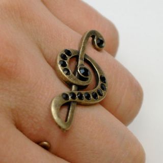 Double Two Finger treble clef Ring Antique Silver color