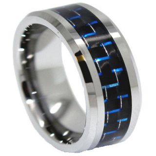 8mm Black & Blue Carbon Fiber Tungsten Wedding Ring Size 8
