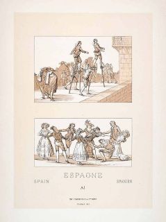 1888 Chromolithogra​ph Spain Costume 18th Century Stilts Dress Game 