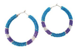 Josefina De Alba Blue Multi Colored Seed Bead Wrapped Hoop Earrings 