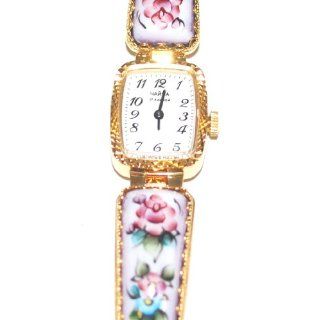   Chaika Wind up Finift Floral Gold Plated Band Bracelet Watch Watches