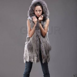 Knit rabbit fur vest/gilet/coa​t with raccoon fur trim