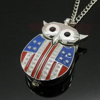 Silver Night Owl The Stars and Stripes US Flag Necklace Pendant Pocket 