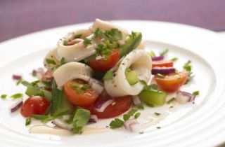 Jason Athertons squid with cucumber and tomato salad   Tesco Real 
