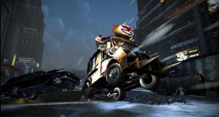 Two insanely customized vehicles catching air during combat in Twisted 