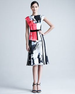 B1WA9 Carolina Herrera Cap Sleeve Printed Silk Dress